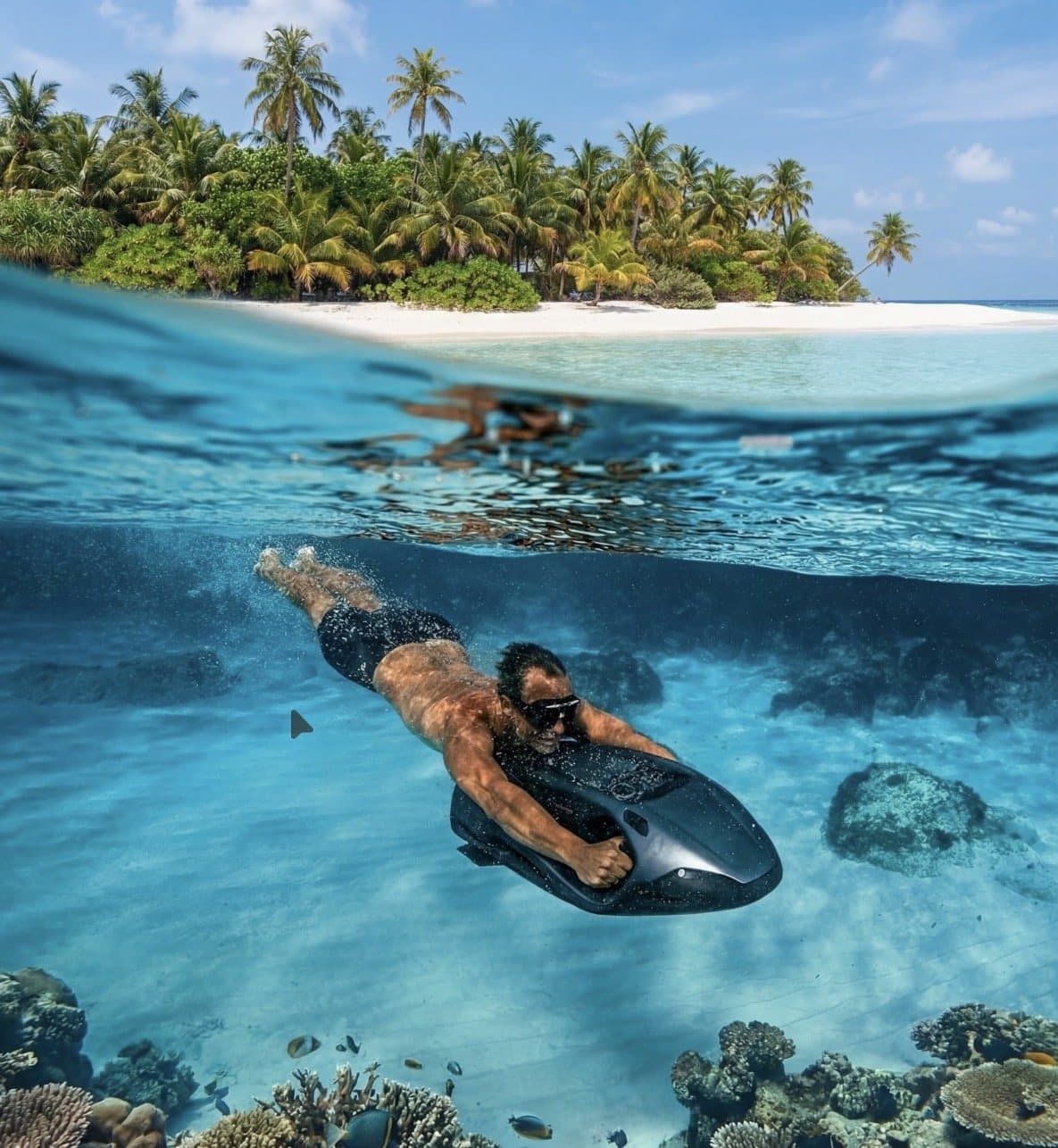 Seabob rider over reef and island water