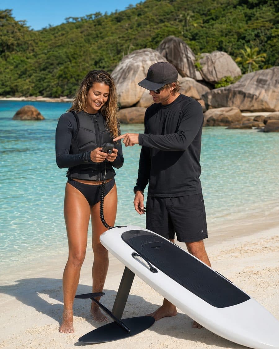 Instructor showing eFoil controls on the beach